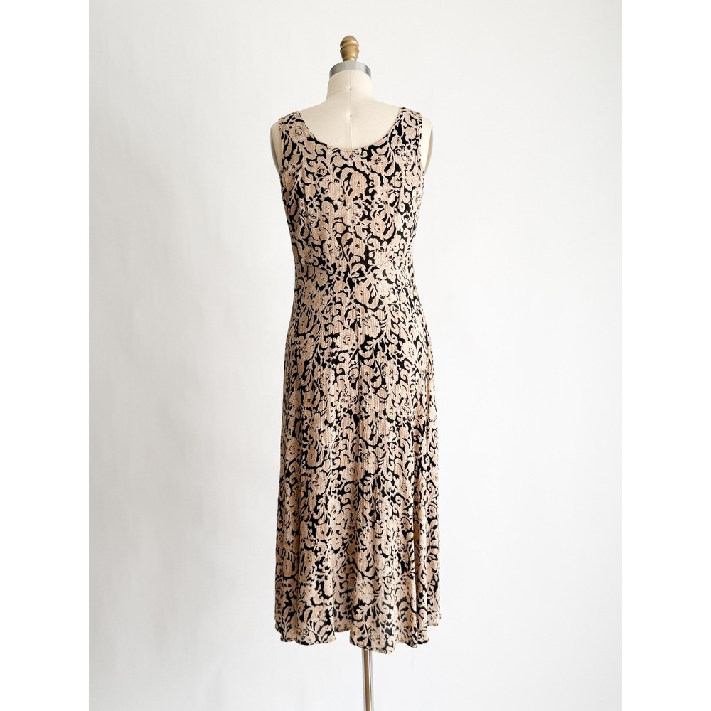 Rabbit Rabbit Designs Vintage Floral Midi Dress Tan Black Rayon Sleeveless USA - Picture 6 of 8